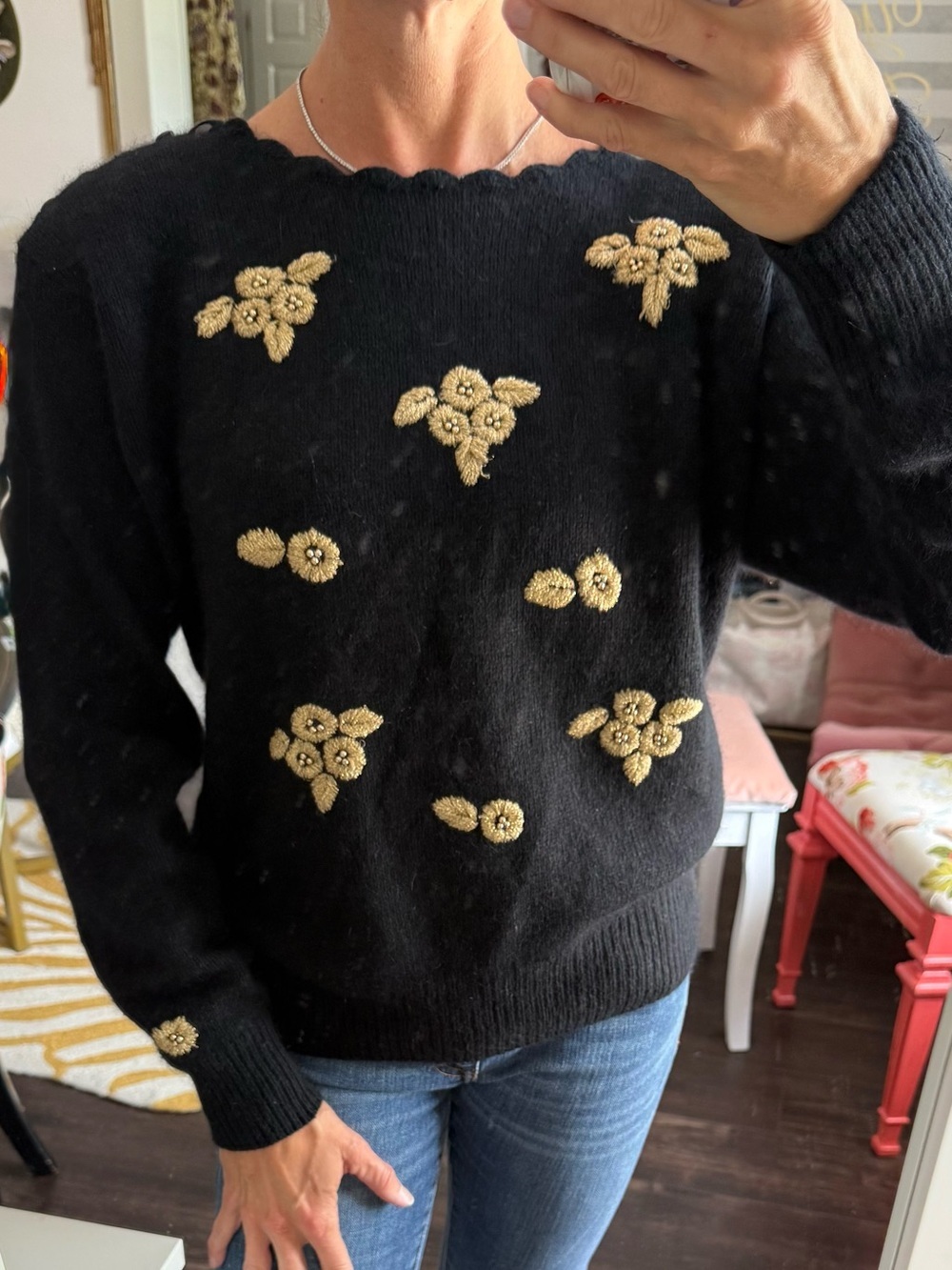 Vintage Karen Scott Silk Angora Lambswool Floral Sweater Black Gold Medium - Picture 2 of 10